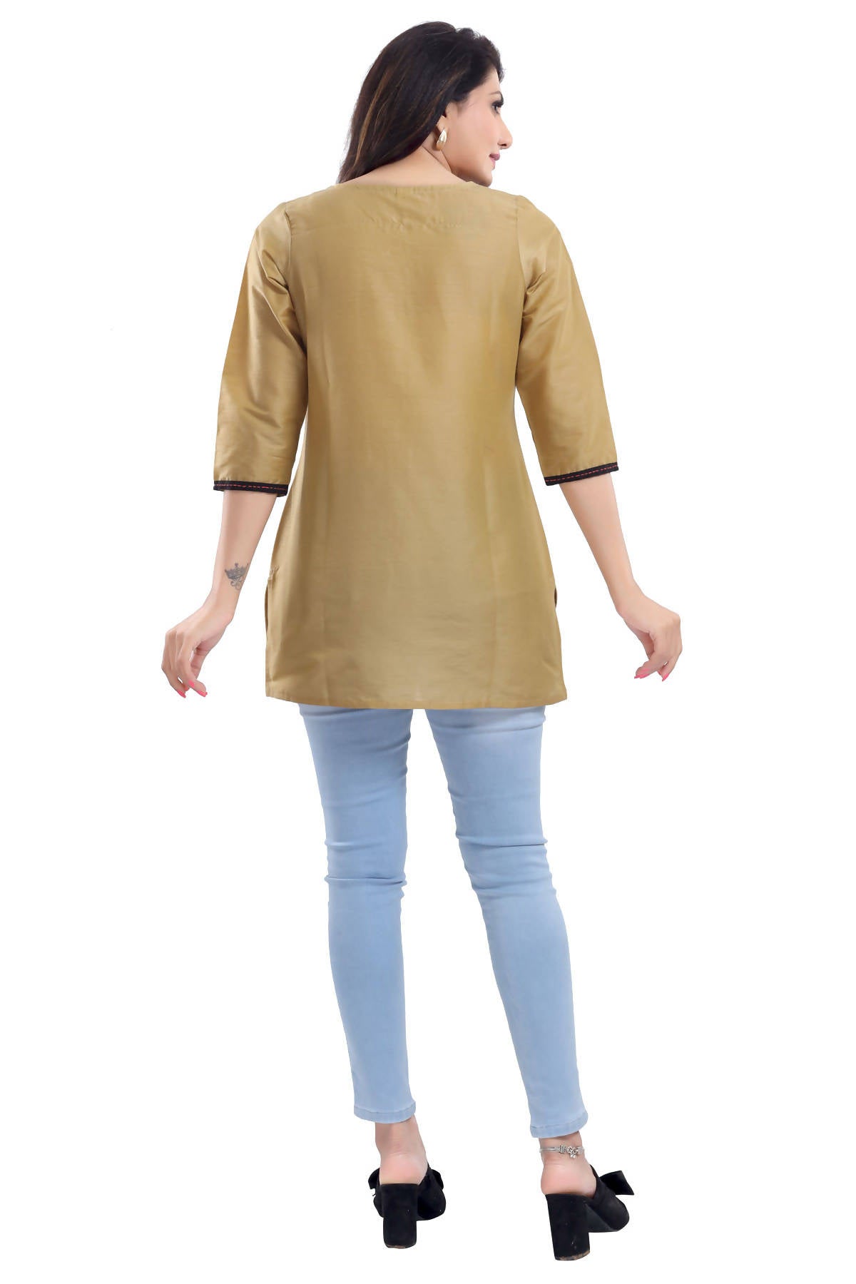 Snehal Creations Luxurious Fine Gold Cotton Silk Short Tunic Top - Distacart