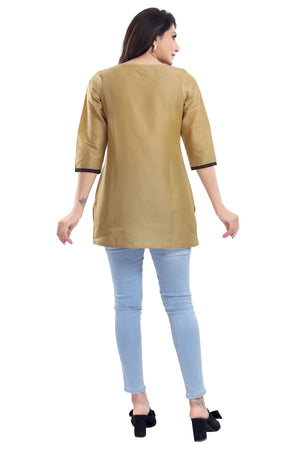 Snehal Creations Luxurious Fine Gold Cotton Silk Short Tunic Top - Distacart