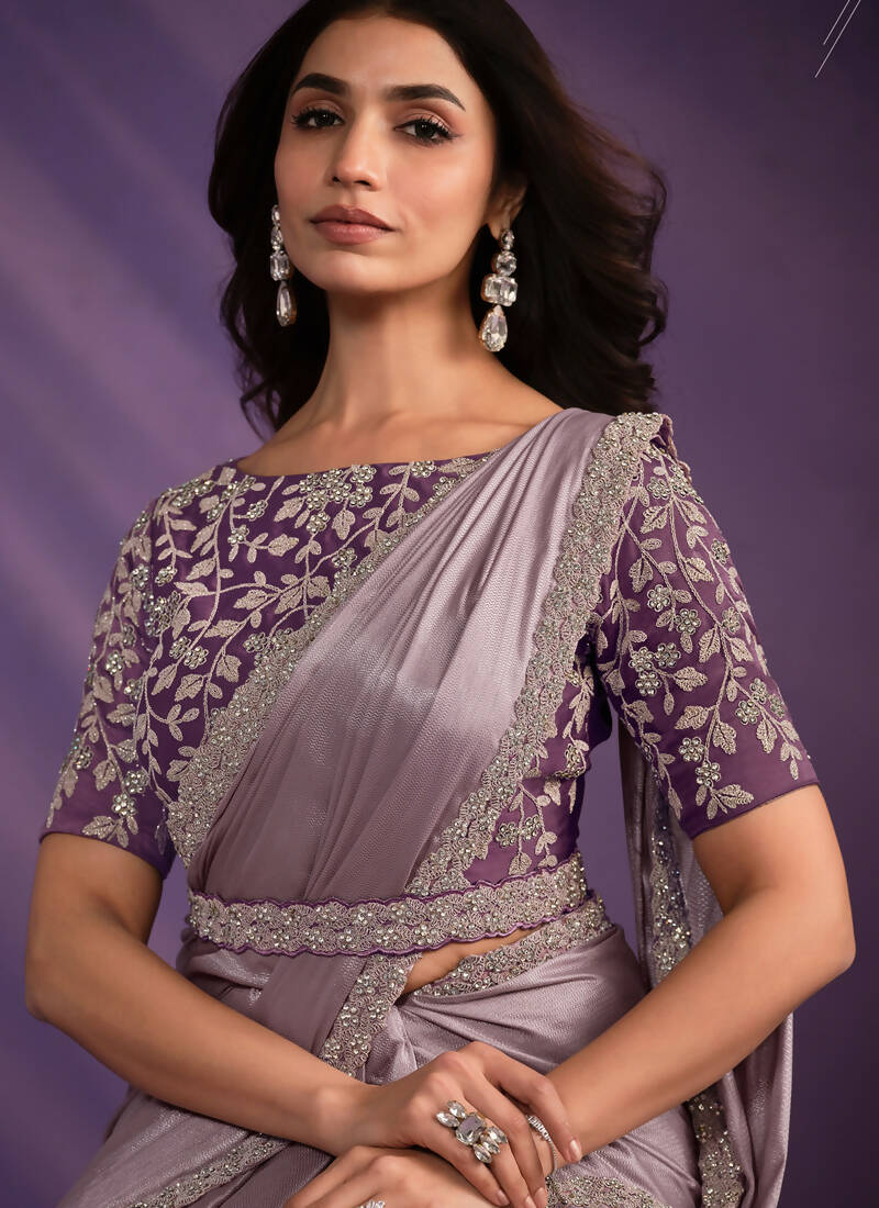 Purple Pattern Georgette Embroidered Saree With Stitched Blouse - Mohmanthan Exotica - Distacart