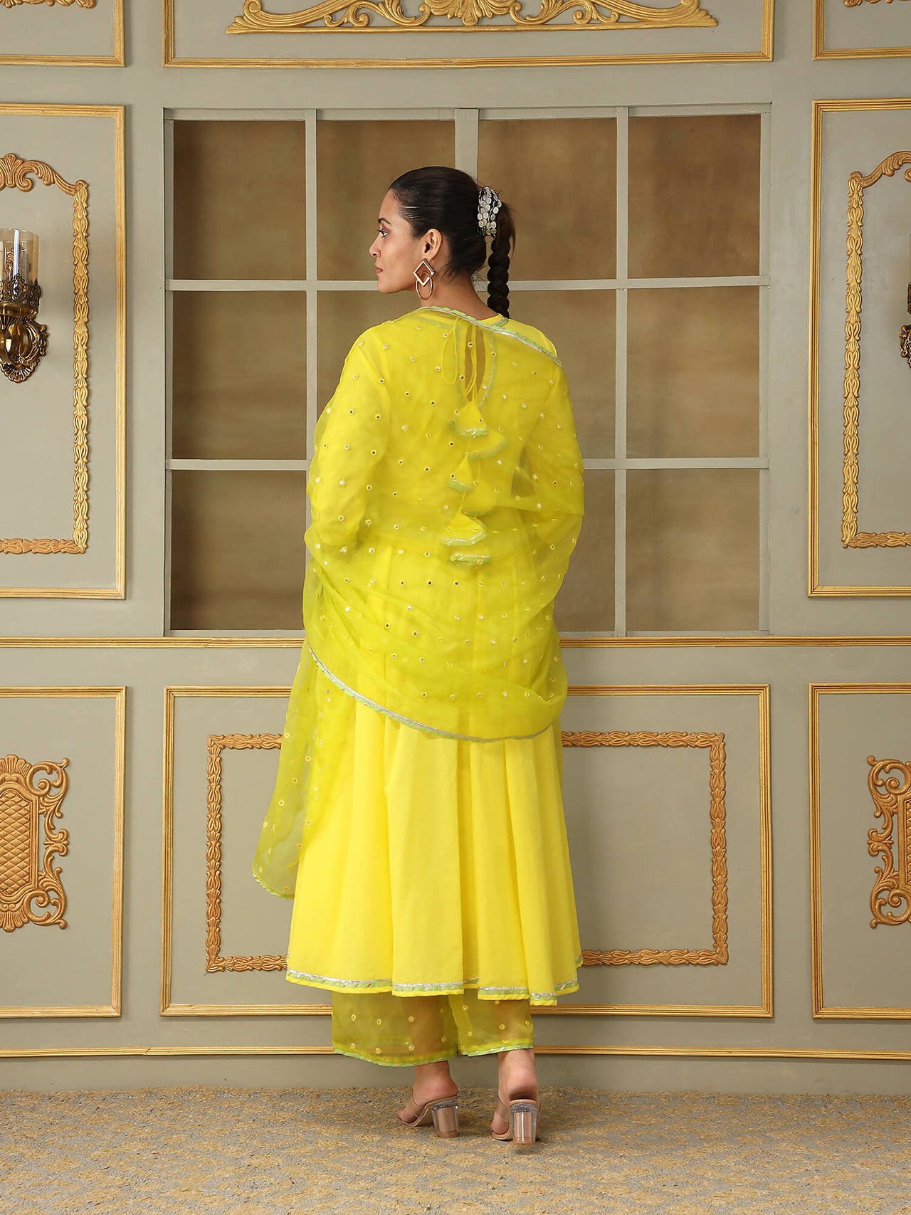 Pomcha Jaipur Yellow Saadgi Yellow Mirror Work Anarkali Set - Distacart