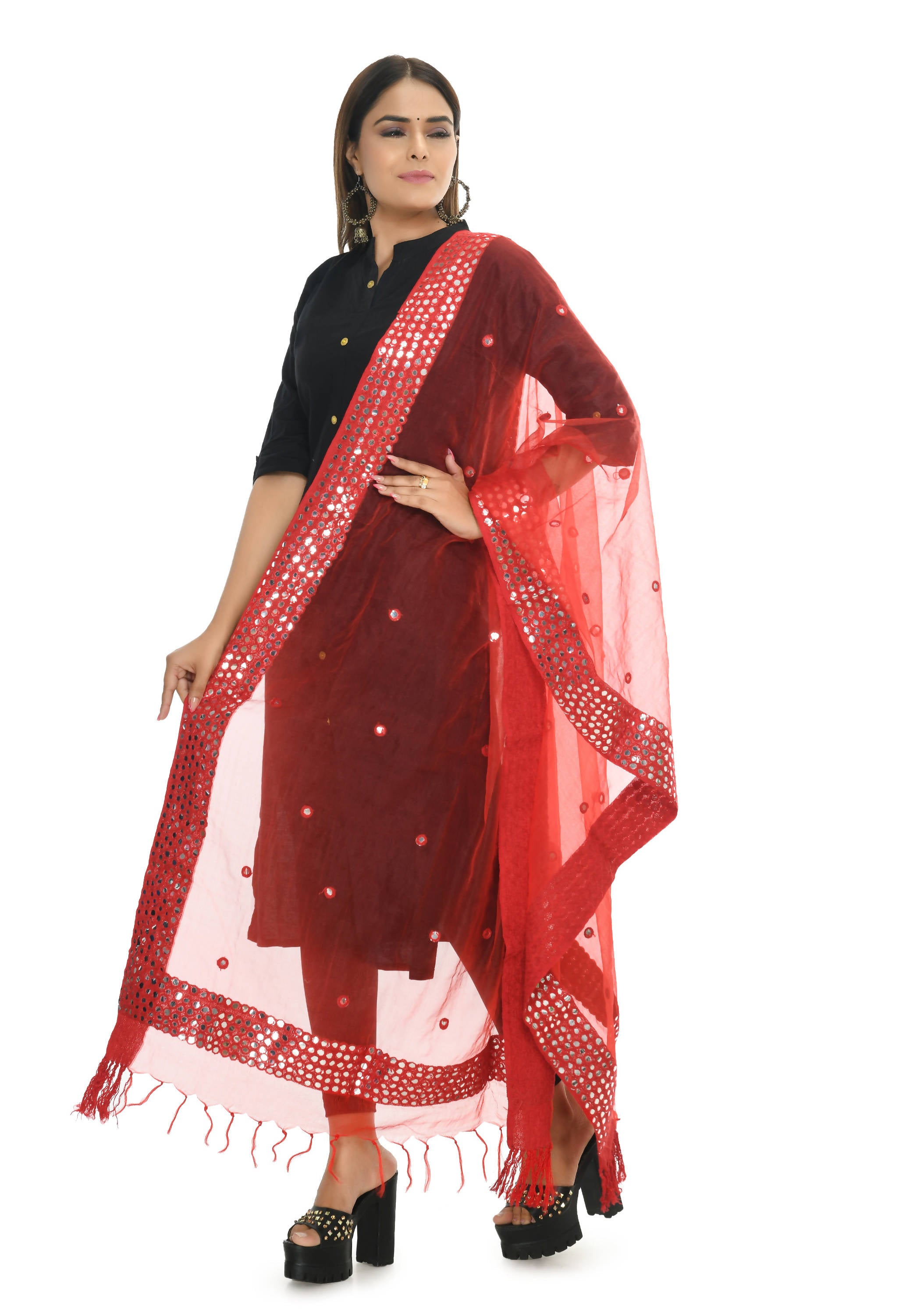 Mominos Fashion Moeza 6 Line Mirror Border Red Dupatta - Distacart