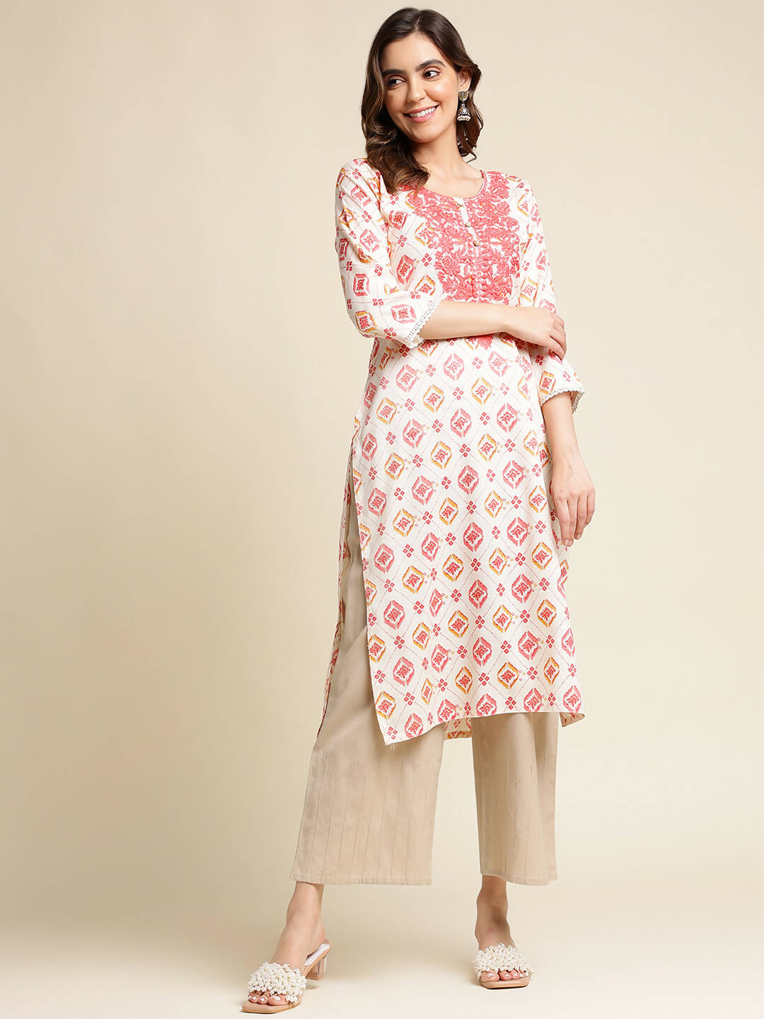 Red Poly Rayon Aztec Printed Straight Fit Kurta - Prasuti - Distacart
