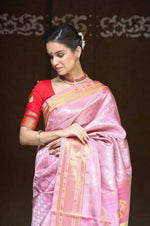 Thumbnail for Very Much Indian Silk Handloom Maharani Paithani In Rich Pearl Pink With Silver Zari Brocade - Distacart