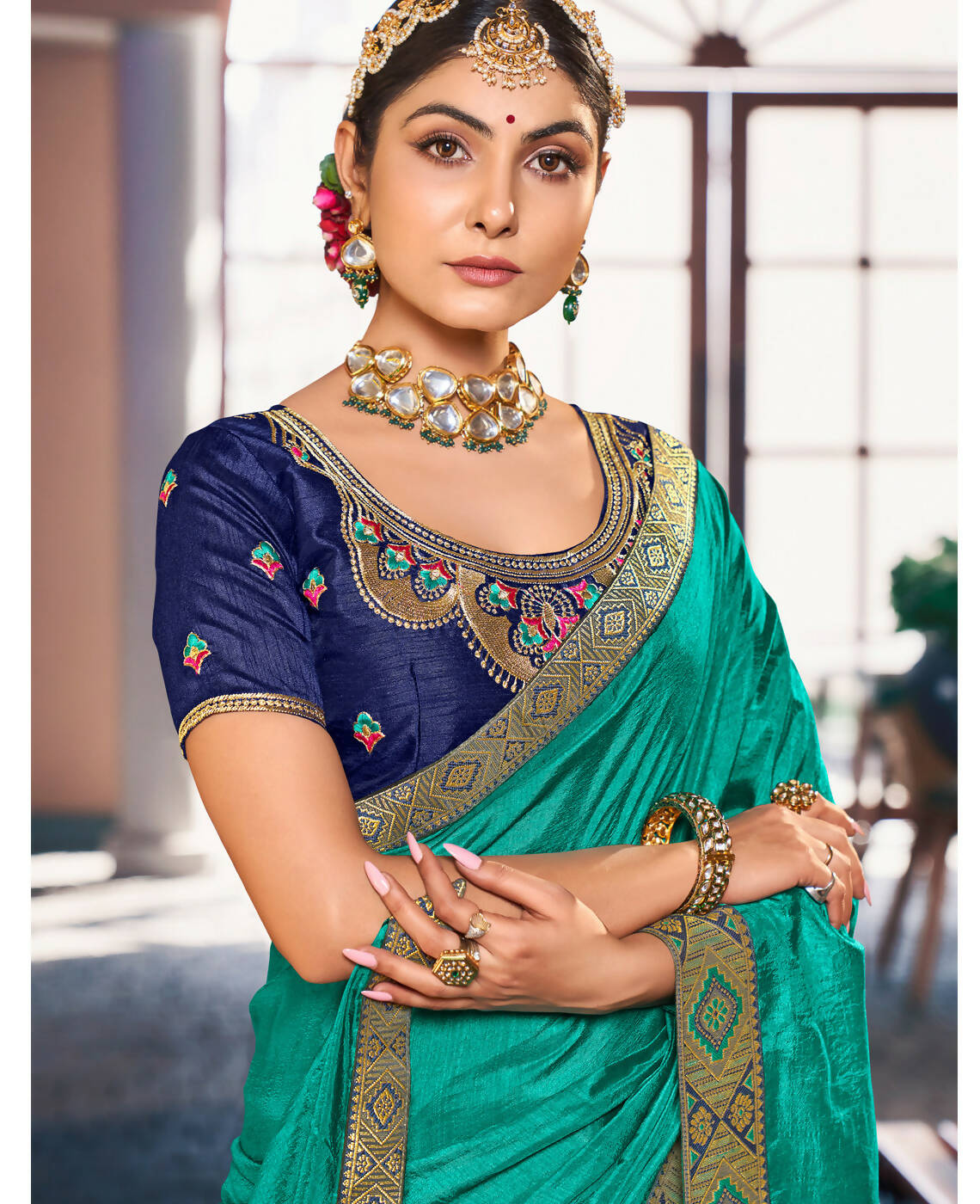 Sea Green Solid Vichitra Saree With Unstitched Blouse Piece - Selena - Distacart