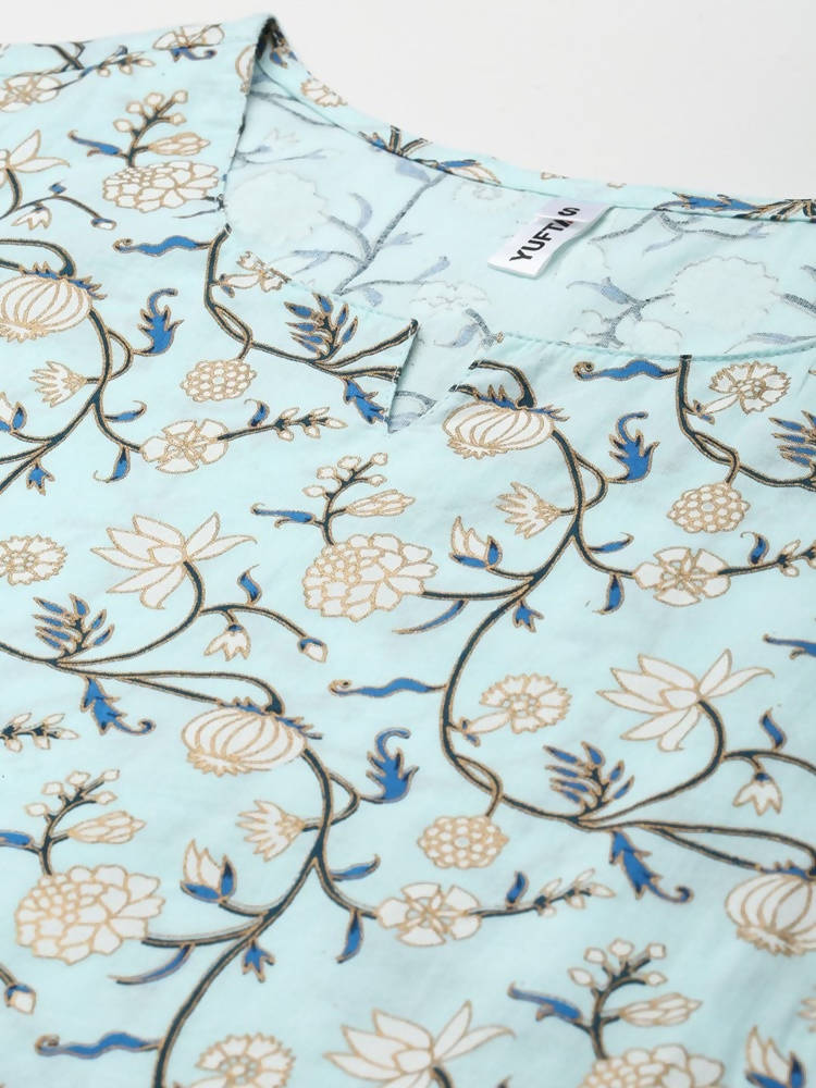 Yufta Women Blue & White Floral Printed Pure Cotton Kurta with Trouser & Dupatta
