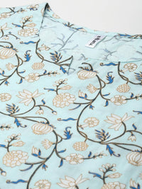 Thumbnail for Yufta Women Blue & White Floral Printed Pure Cotton Kurta with Trouser & Dupatta