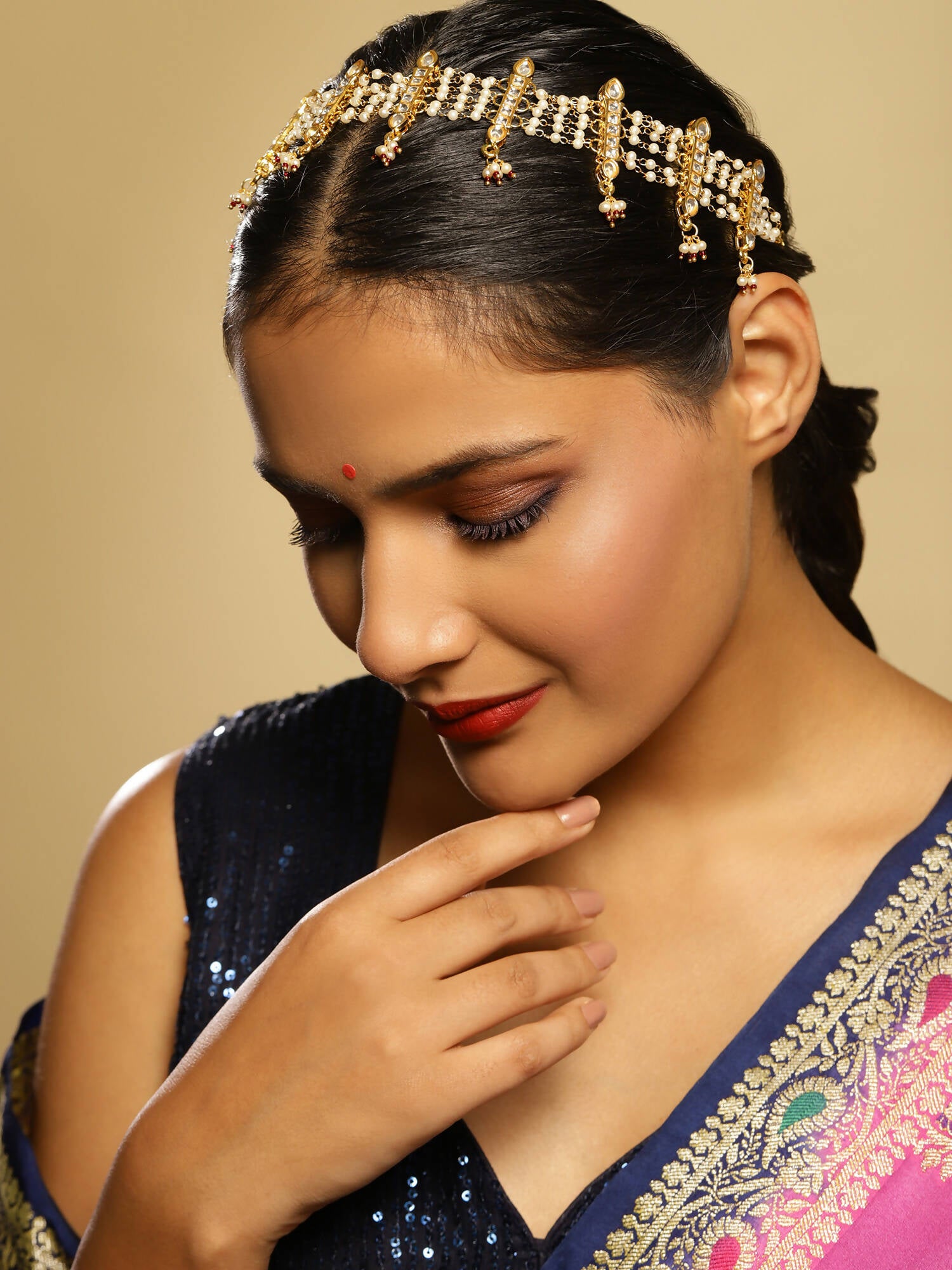 White Gold-Plated Kundan-Studded Beaded Matha Patti - Ruby Raang - Distacart