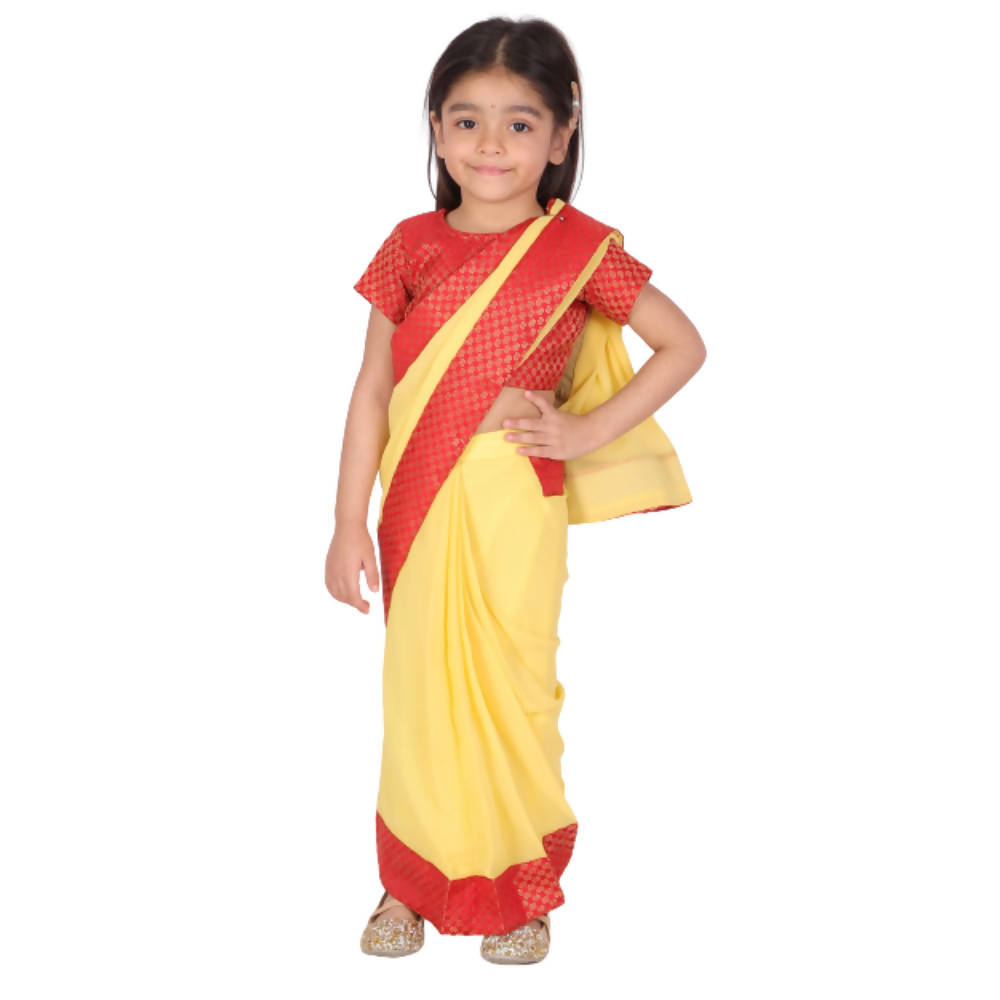Little Bansi Red and Yellow Color Saree with Floral Brocade Blouse