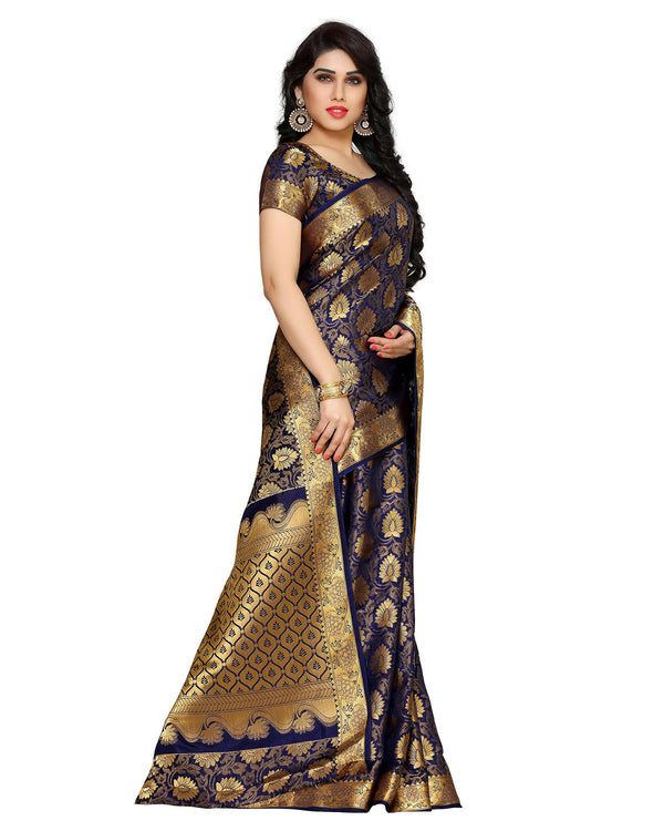 Mimosa Women's Kanchipuram Silk Navy Blue Saree - Distacart