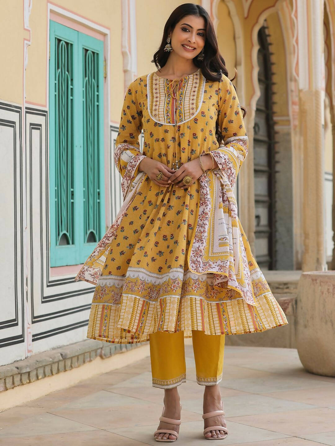Juniper Women's Mustard Cotton Voile Floral Printed Kurta With Cambric Straight Pant And Voile Duptta - Distacart