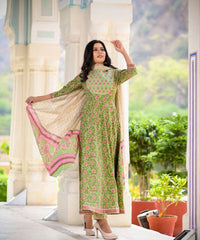 Thumbnail for Yufta Women Green Floral Printed Pure Cotton Anarkali Kurta with Trouser and Dupatta