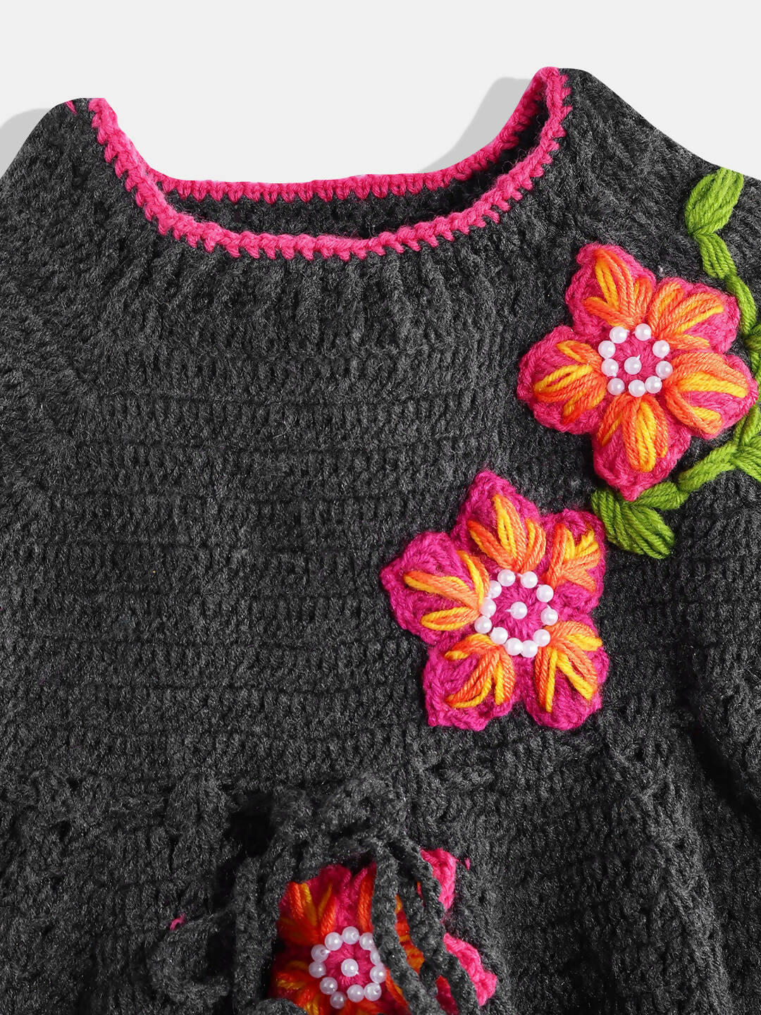 Chutput Kids Woollen Hand Knitted Full Sleeves Lilium Detail Dress - Grey - Distacart