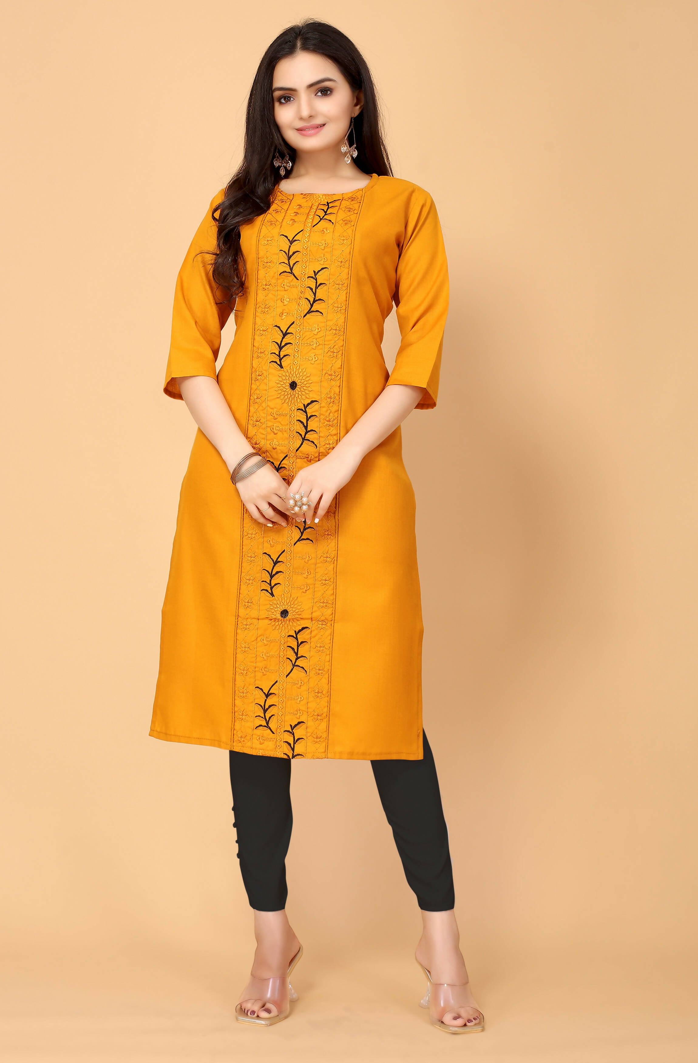 Musterd Cottan Slub Embroidery Kurti - Umi - Distacart