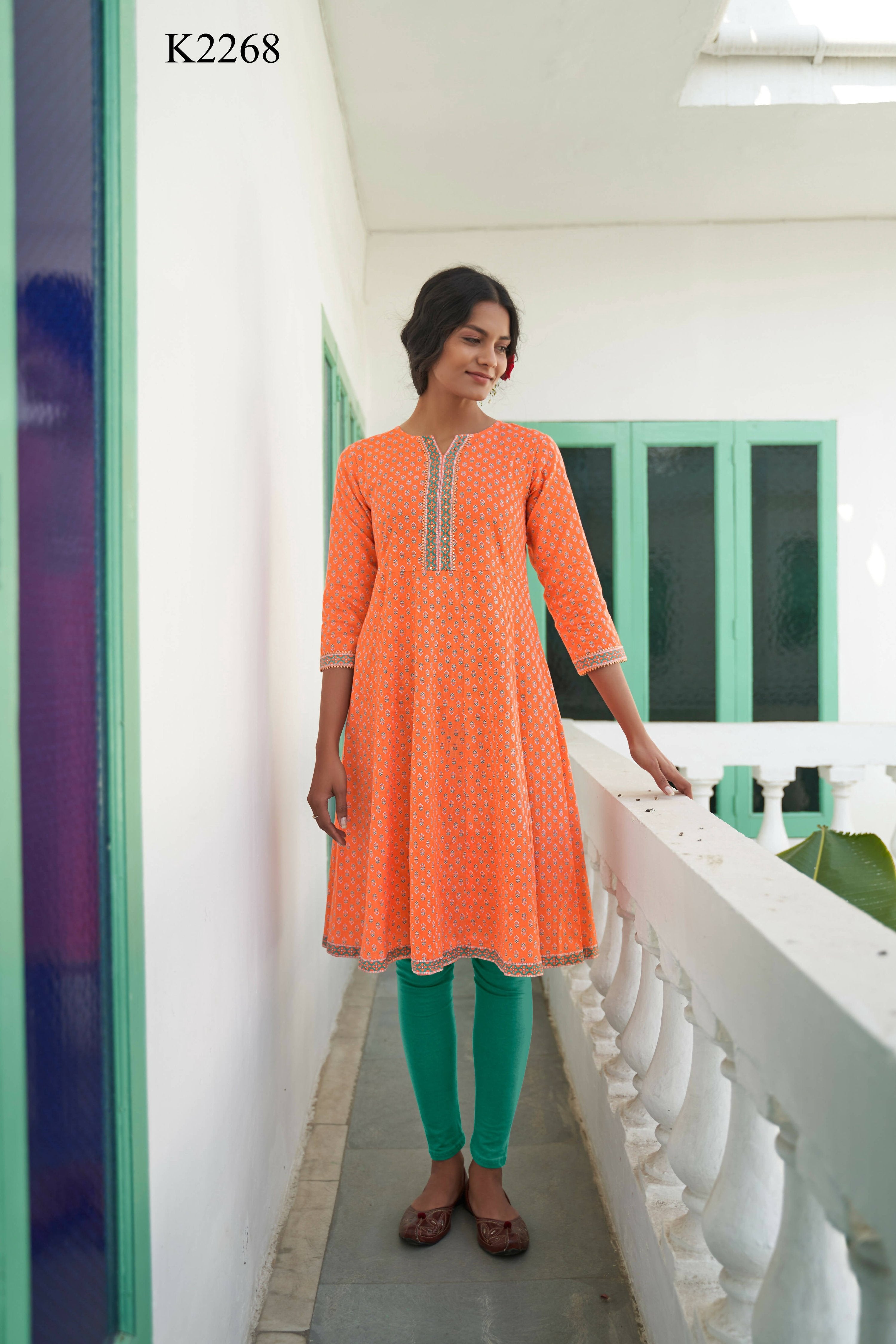Orange Cotton Floral Printed A line Kurta - Prasuti - Distacart