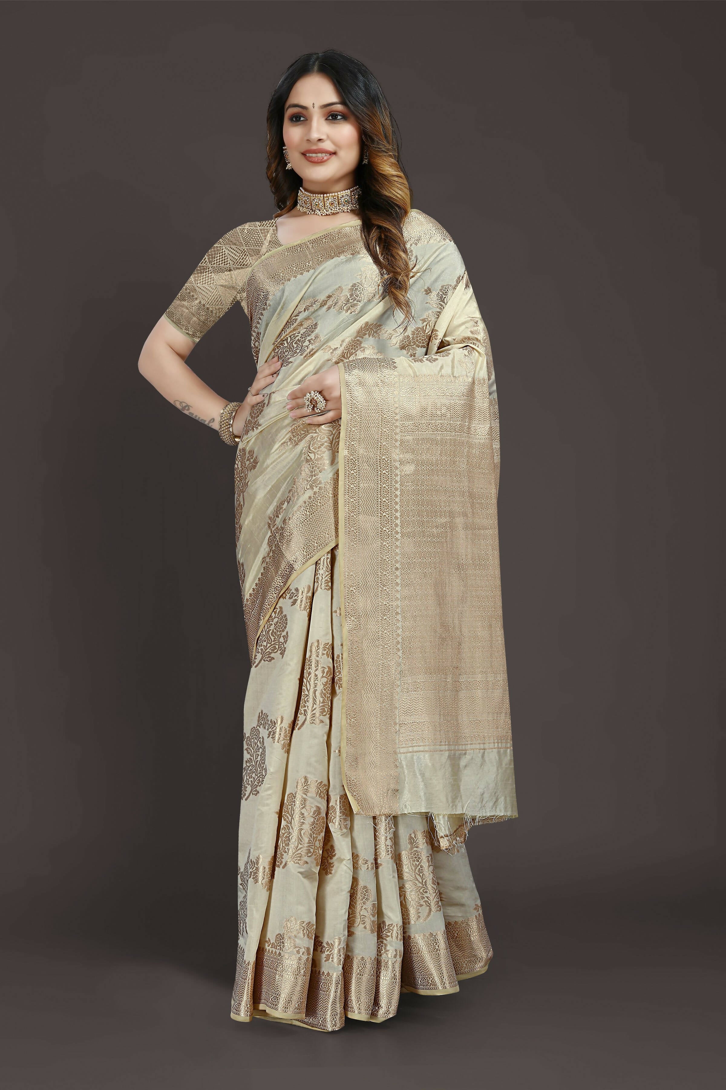 Off White Pure Raw Silk Zari Woven Saree with Unstitched Blouse Piece - Alisha - Distacart