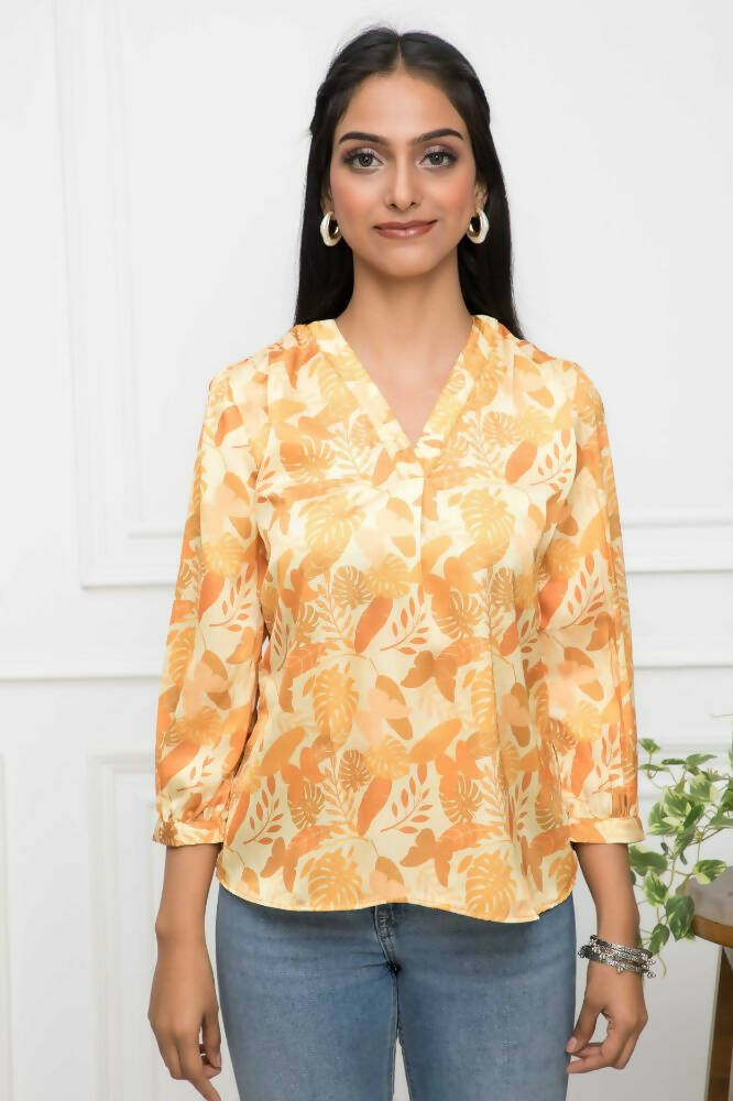 Myshka Women Floral V-Neck Regular Sleeves Polyester Mustard Top - Distacart
