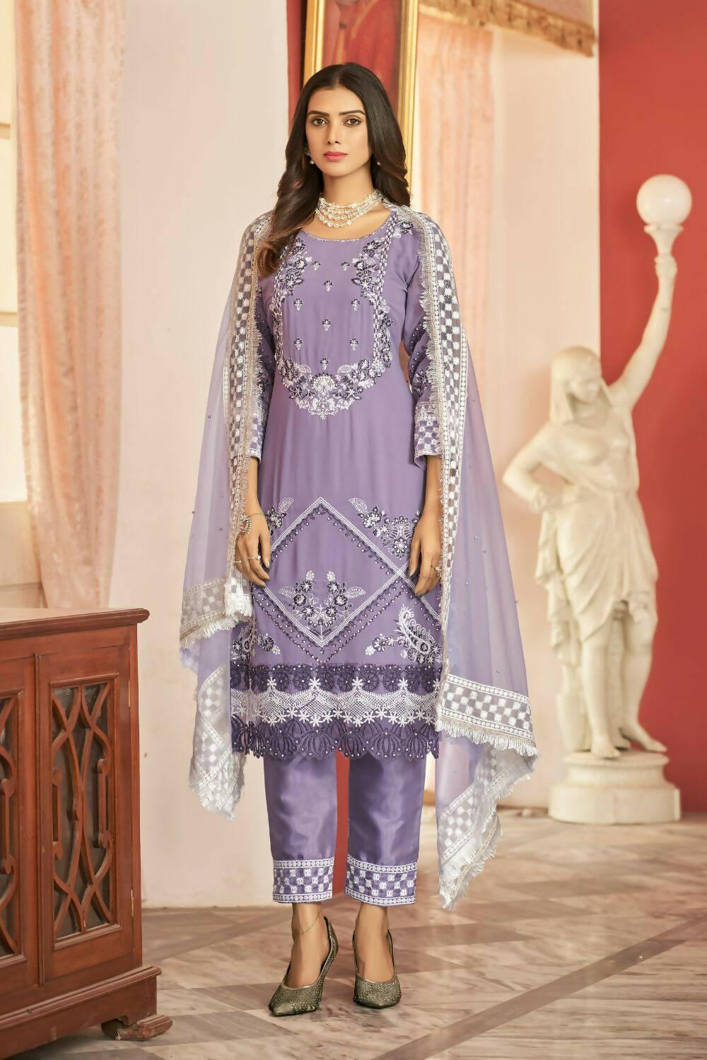 Lavender Heavy Faux Georgette Embroidered Semi Stitched Suit - Dhvani - Distacart