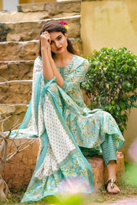 Thumbnail for Yufta Blue Printed Tiered Kurta with Trouser and Dupatta