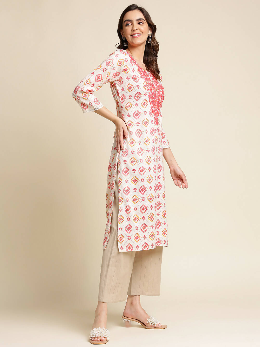 Red Poly Rayon Aztec Printed Straight Fit Kurta - Prasuti - Distacart