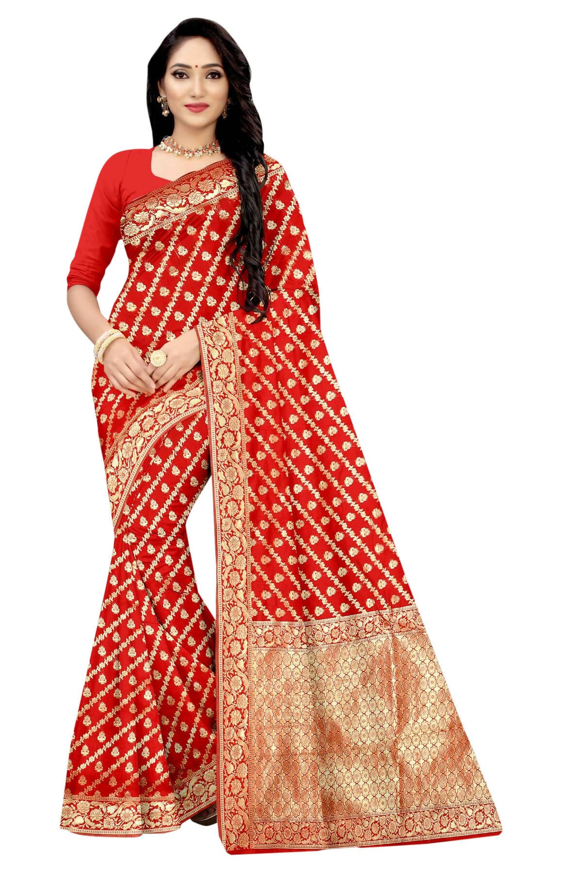 Vamika Weaving Banarasi Jacquard Saree - Red - Distacart