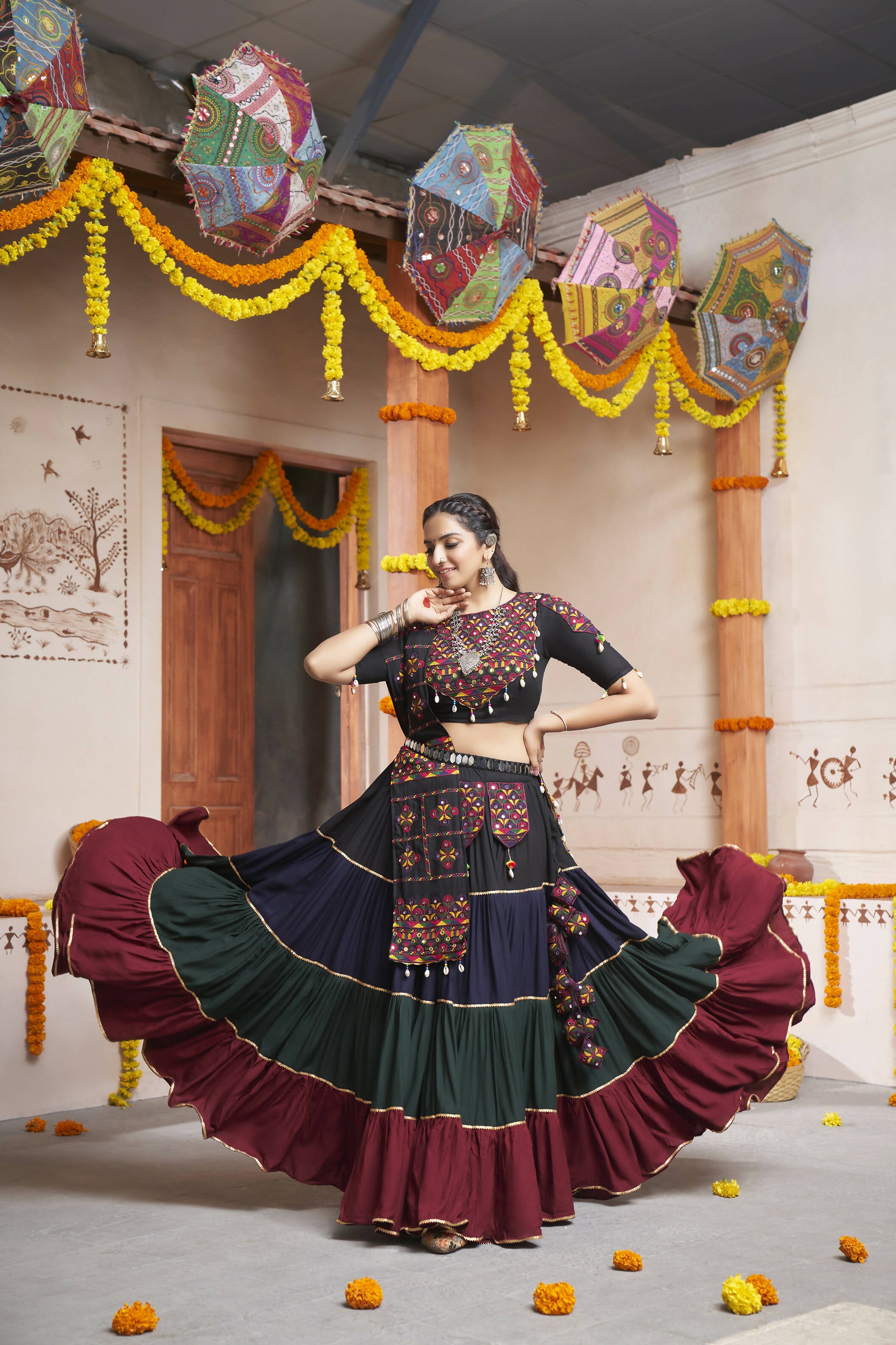 Multi Color Viscose Rayon Thread Embroidery with mirror work Navratri Lehenga Choli with Dupatta - Raas - Distacart