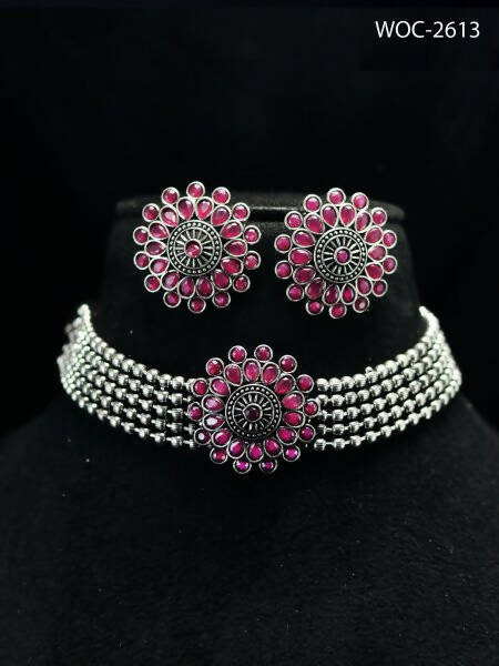 Mominos Fashion Johar Kamal Oxidised Silver-Plated Brass Finish Kundan Choker For Women (Pink) - Distacart