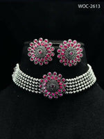 Thumbnail for Mominos Fashion Johar Kamal Oxidised Silver-Plated Brass Finish Kundan Choker For Women (Pink) - Distacart