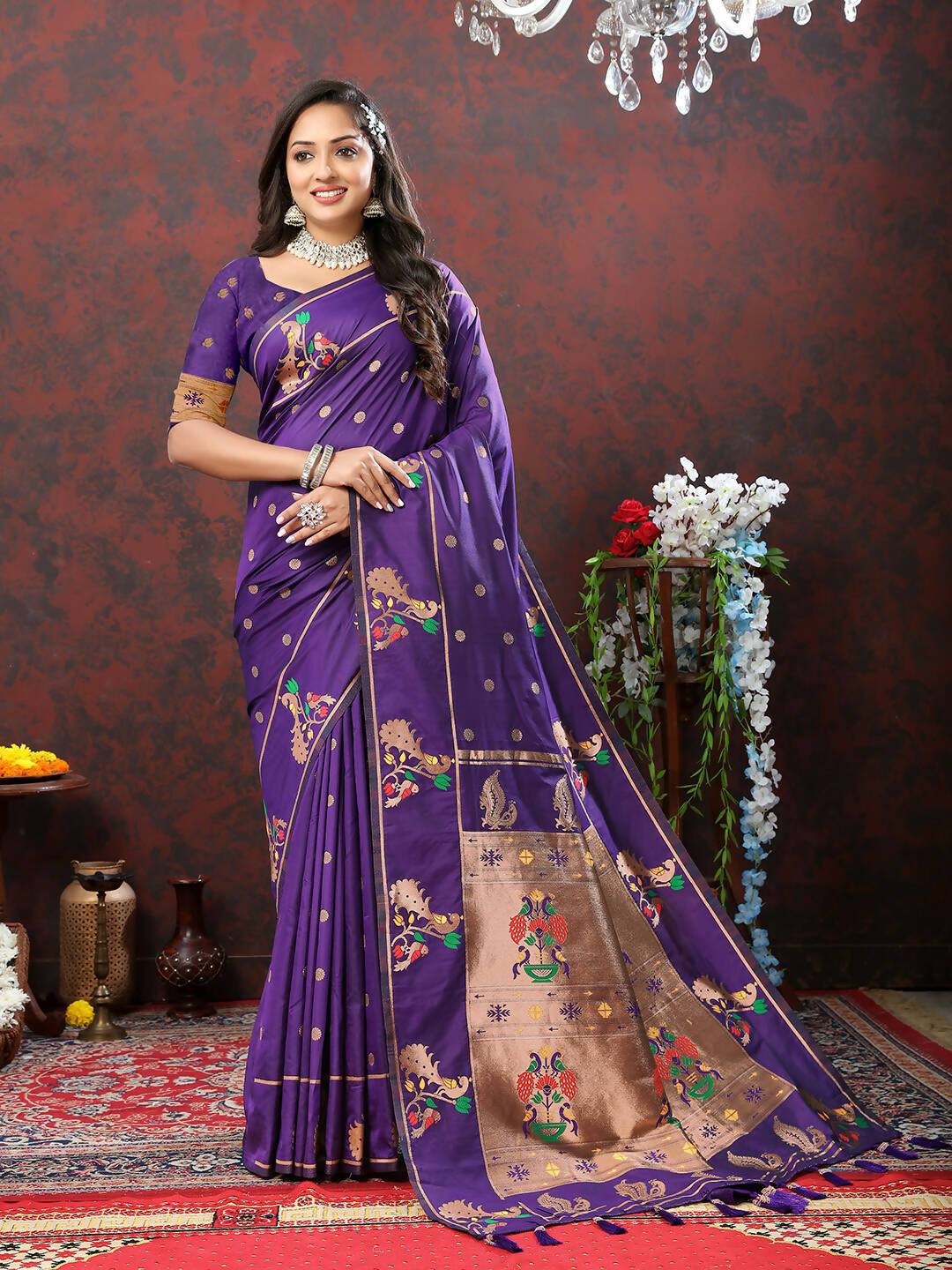 Lorenvalley Fashion Purple Soft Paithani Silk Woven Design Copper Zari Meenakari Weaving Saree - Distacart