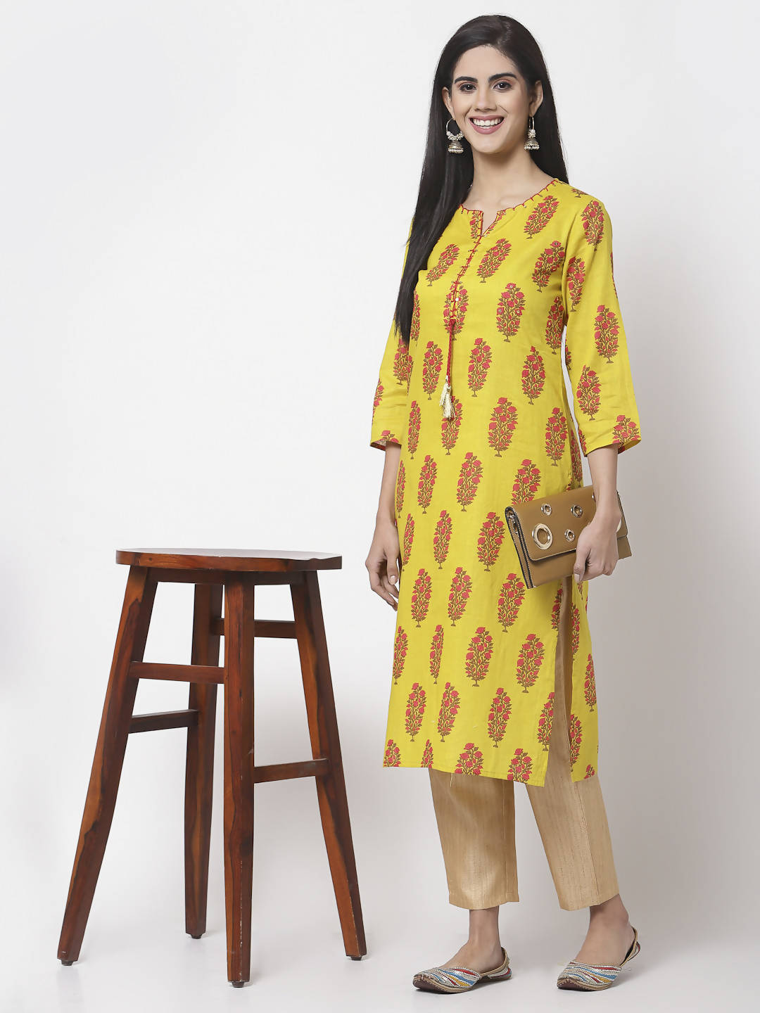Myshka Women Yellow Pure Cotton Printed 3/4 Sleeve Round Neck Kurta