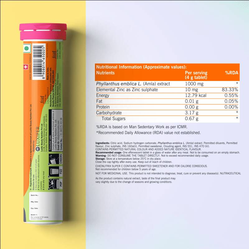 Chicnutrix Super C - Amla Extract & Zinc Effervescent Tablets - Orange Flavor - Distacart