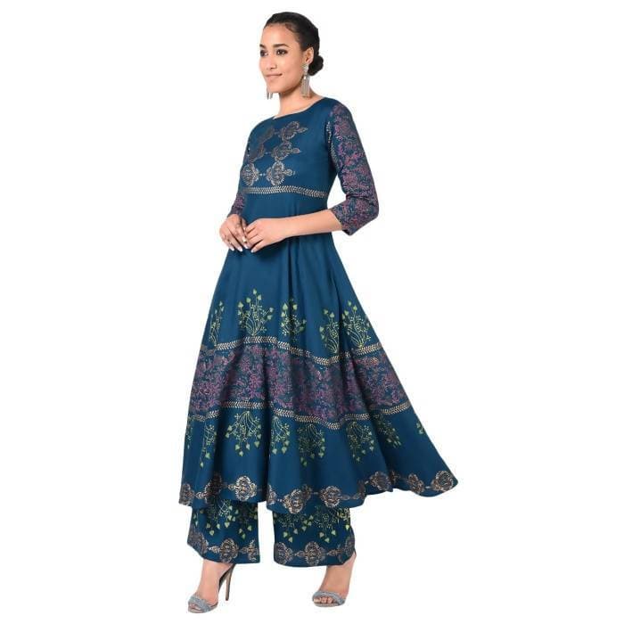 Aniyah Latest Cotton Block Printed Straight Kurta Blue Palazzo Set (AN-159K)