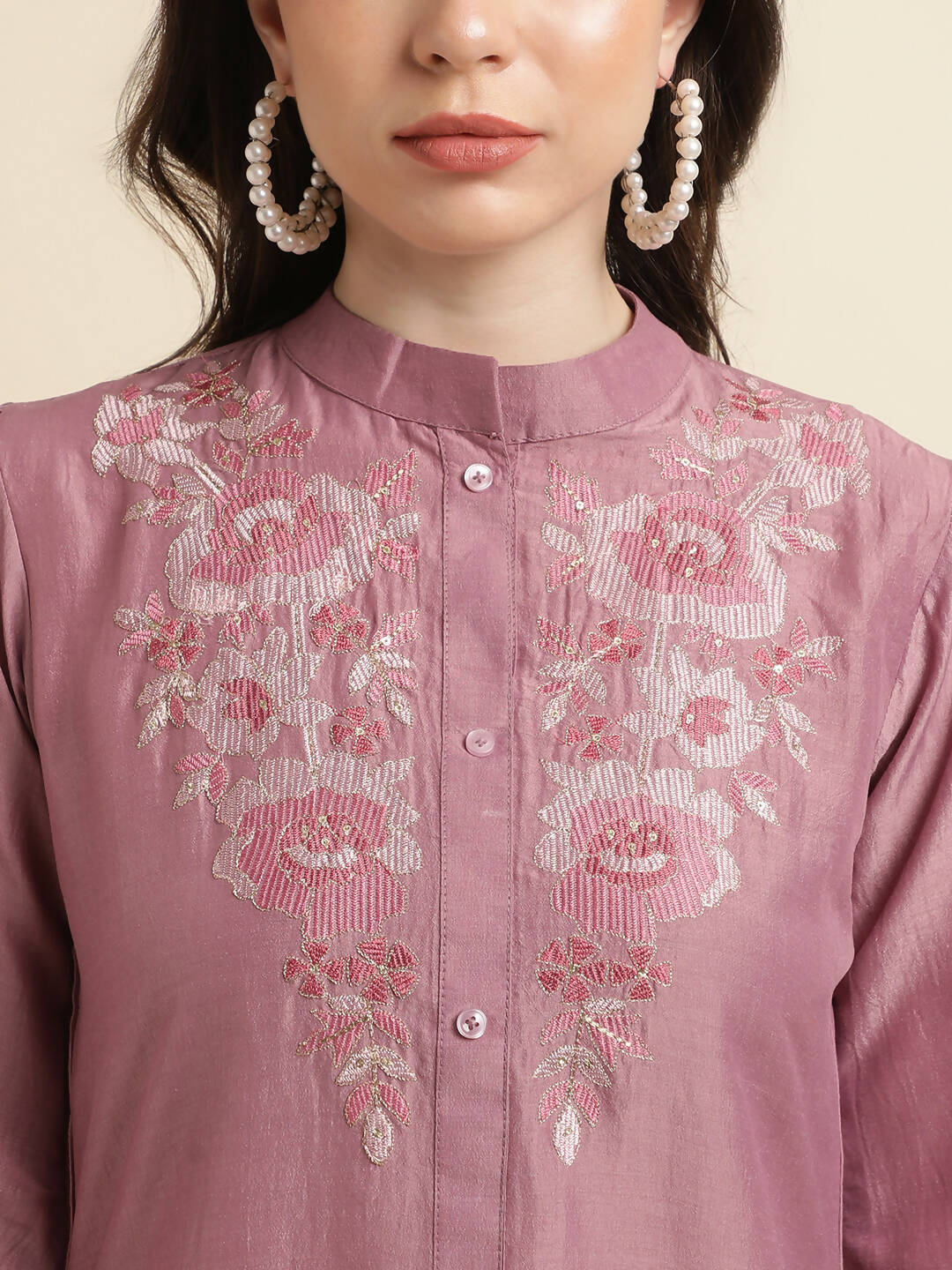 Dust Pink Chinon Yoke Embroidered A-line Top - Tarini - Distacart