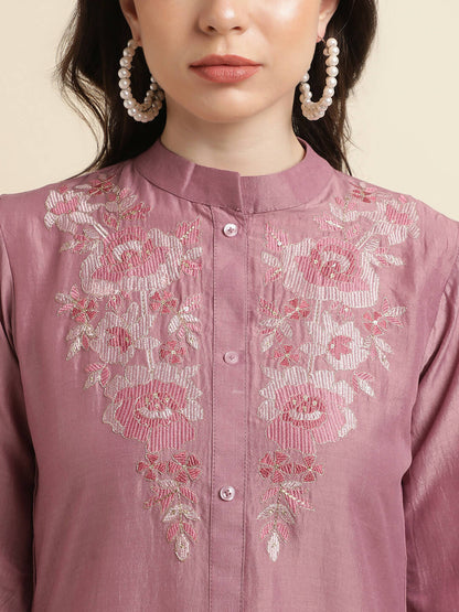 Dust Pink Chinon Yoke Embroidered A-line Top - Tarini - Distacart