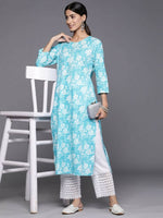 Thumbnail for Varanga Women Blue Floral Printed Straight Kurta With Three Quarter Sleeves - Distacart