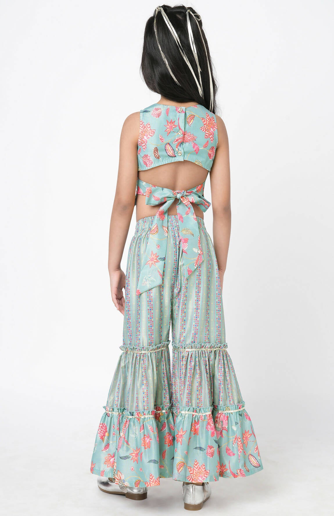 Lil Drama Golden Weaves Blue Crop Top With Palazzo Co-Ordinate Set - Distacart