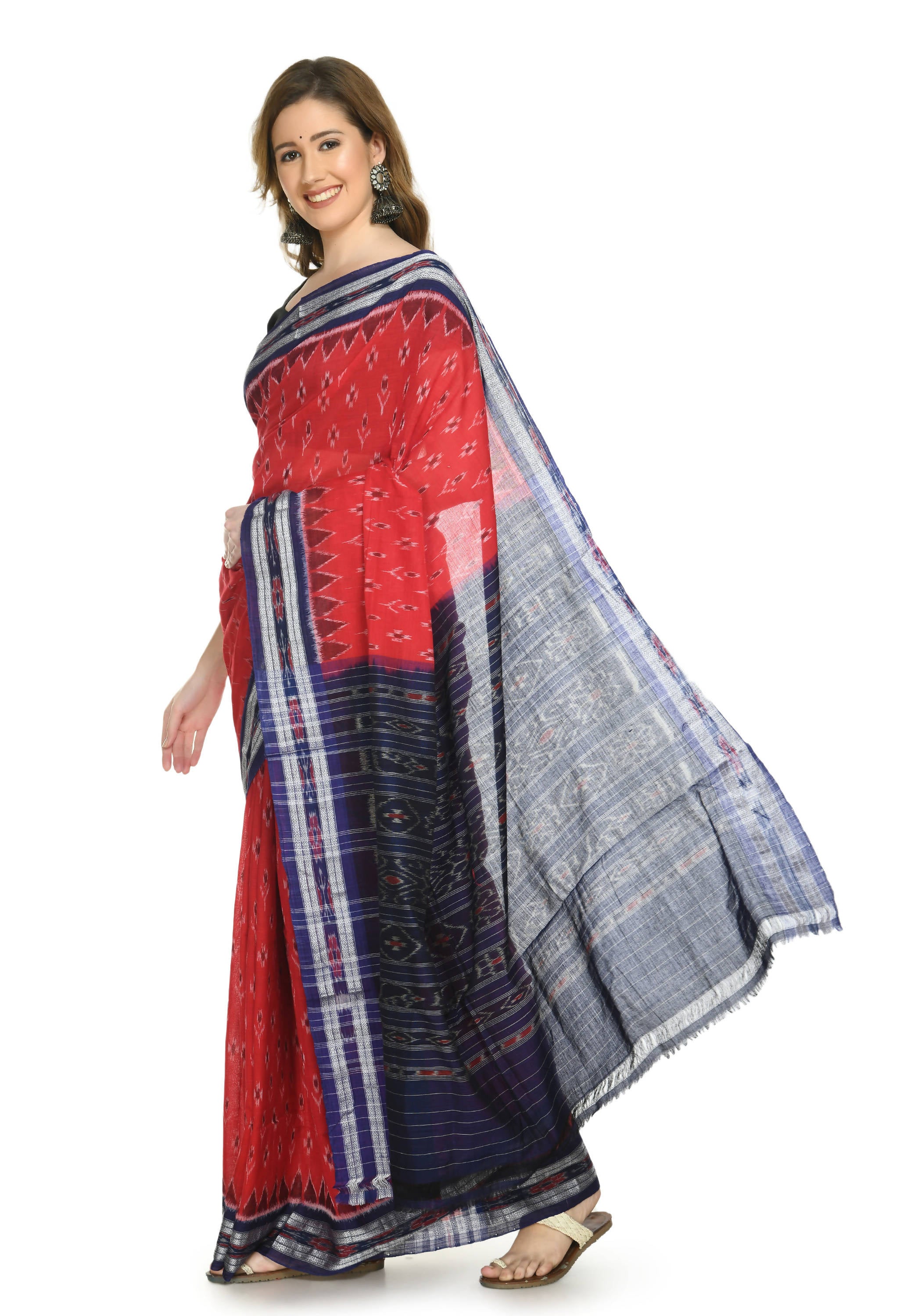 Vamika Sambalpuri Ikat Cotton Dehabandha Badafula Red & Blue Saree - Distacart