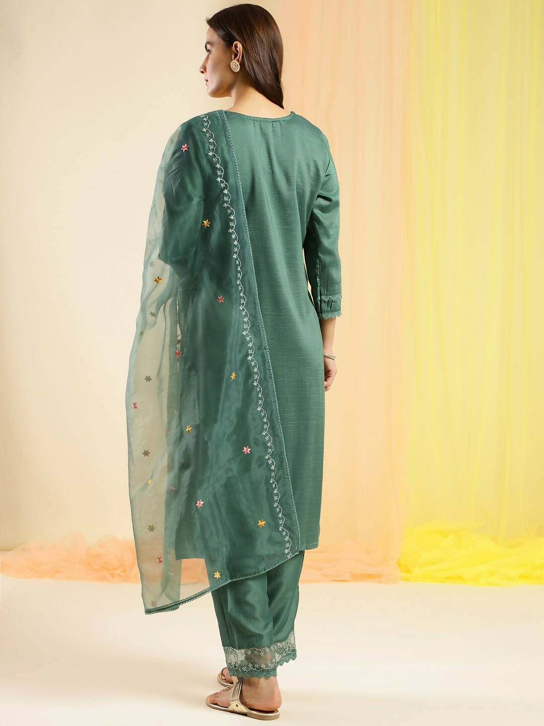 Green Chinon Embroidered Straight Kurta with Trouser & Dupatta - Salimar - Distacart