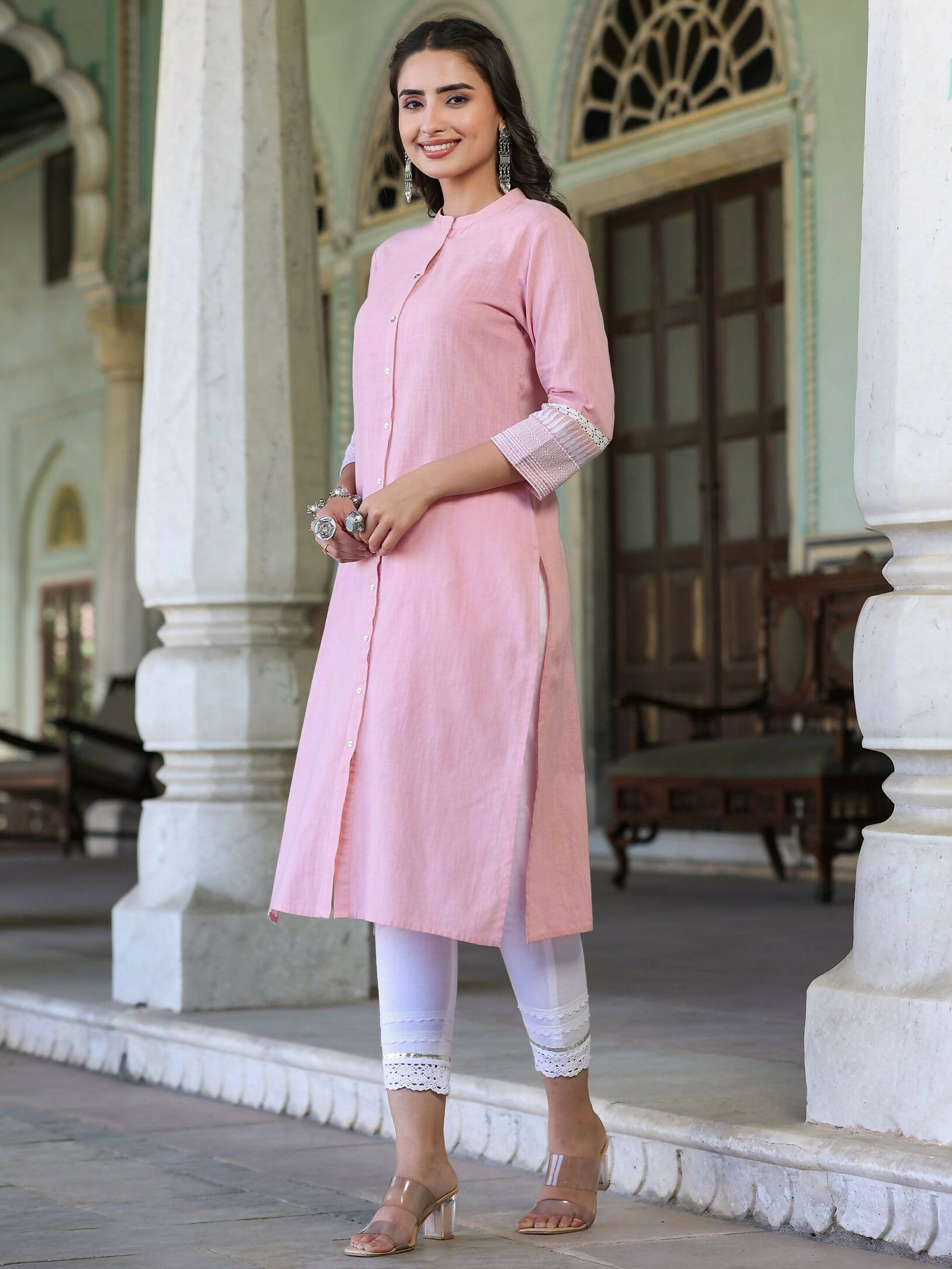 Juniper Women's Pink Cotton Slub Embroidered Straight Kurta - Distacart