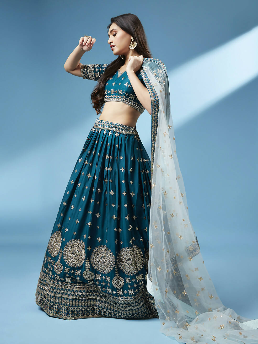 House of Panchhi Teal - Pure Georgette Embroidered Lehenga - Distacart