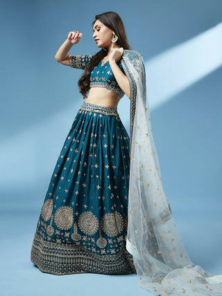 House of Panchhi Teal - Pure Georgette Embroidered Lehenga - Distacart