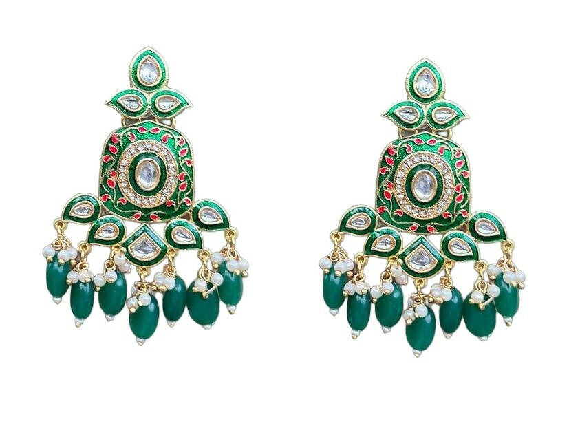 Gold-Toned Green Kundan Contemporary Drop Earrings for Women & Girls By House of Ree - Distacart