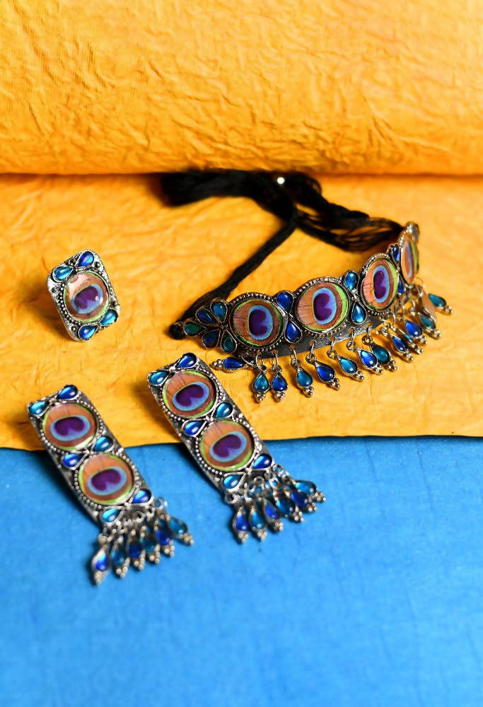 Tehzeeb Creations Peacock Wings Design Necklace Earrings And Ring