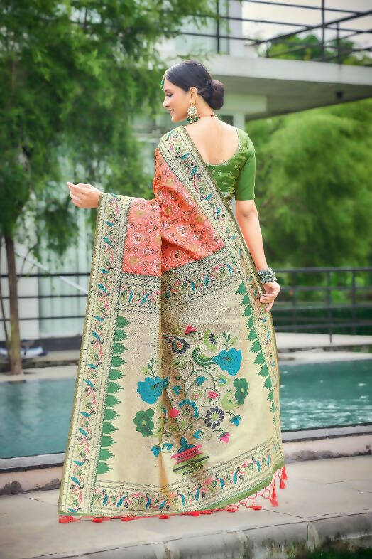 Vishnu Weaves Women's Orange Paithani Patola Silk Zari Woven Saree with Unstitched Blouse - Distacart