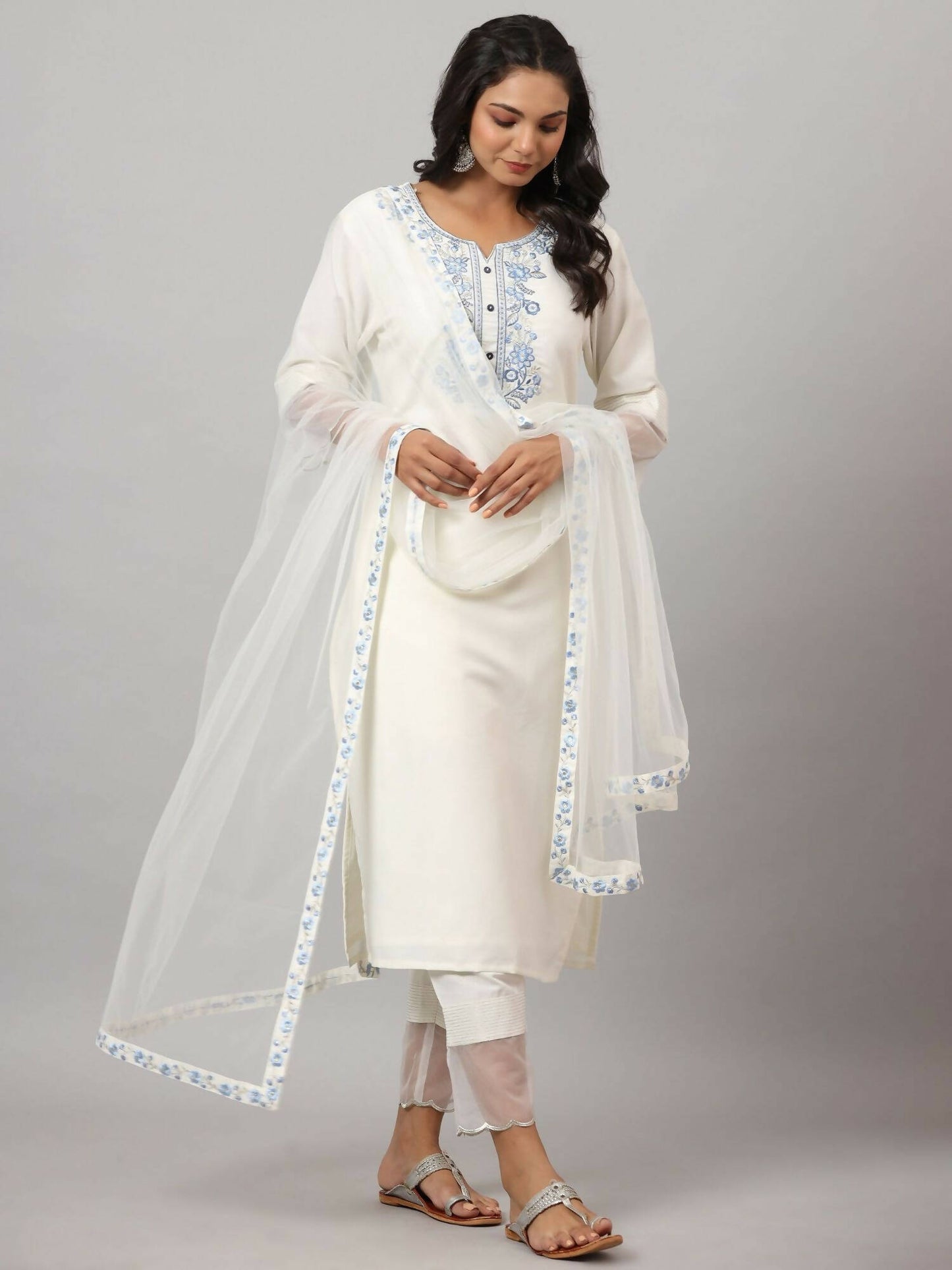 Juniper Women's White Chinnon Solid Embroidered Kurta Set - Distacart