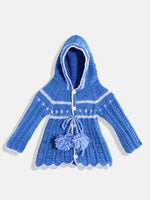 Thumbnail for Chutput Kids Woollen Hand Knitted Full Sleeves Self Design Hood Detail Dress - Blue - Distacart