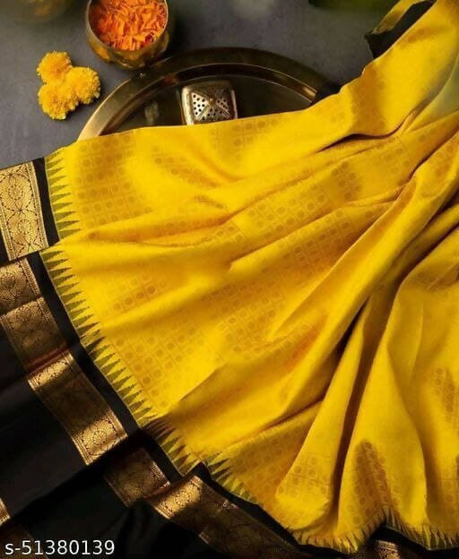 DEIANA'S Beautiful Golden Jari with New Design Soft Lichi Silk Saree - Yellow - Distacart