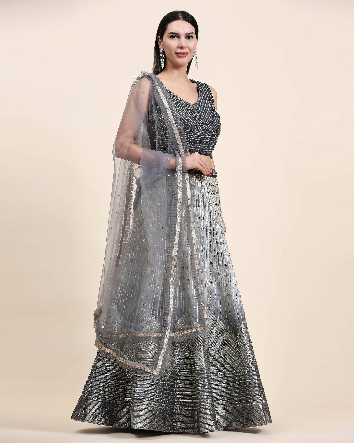 Grey Organza Mirror With Coding Work Lehenga Choli with Dupatta - Tanya - Distacart