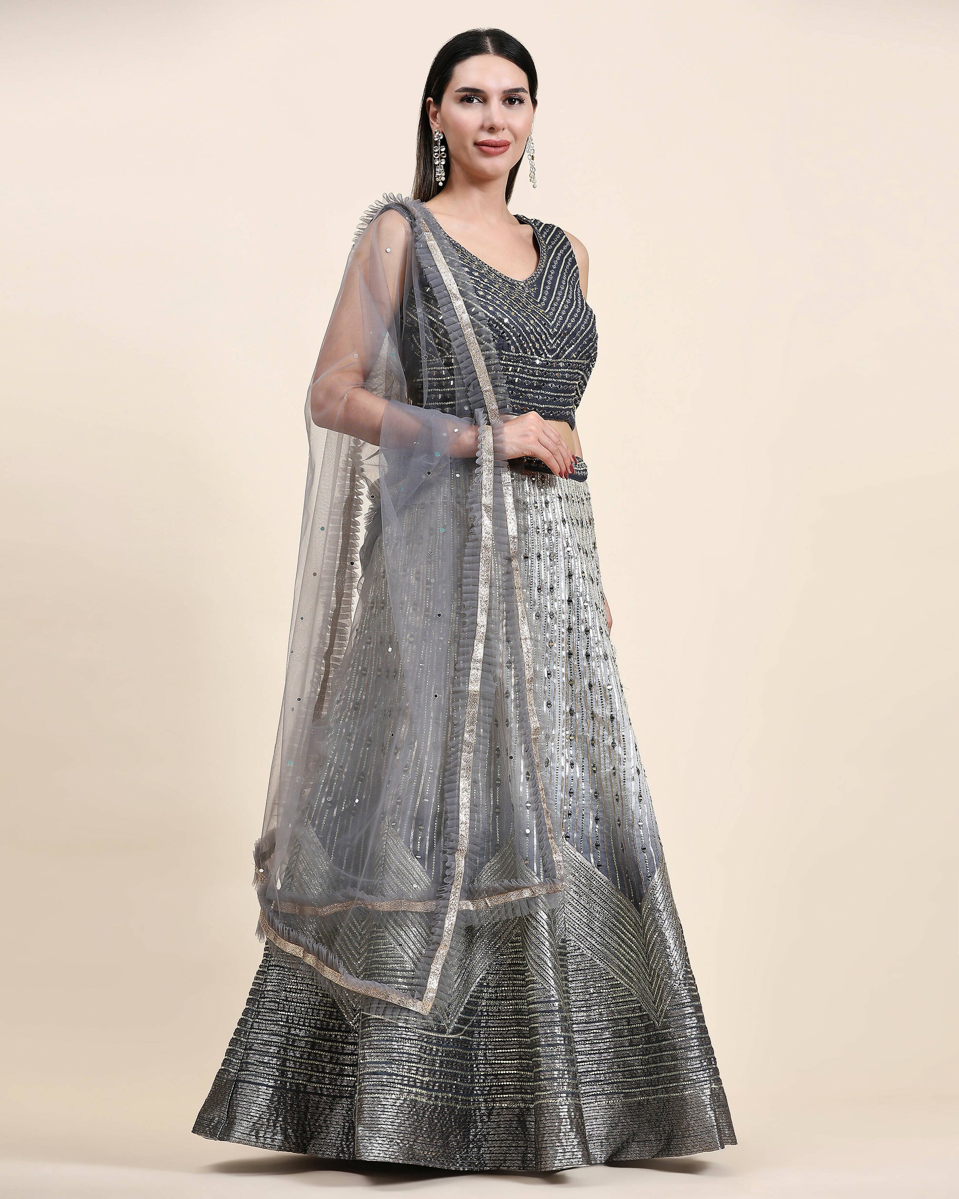 Grey Organza Mirror With Coding Work Lehenga Choli with Dupatta - Tanya - Distacart