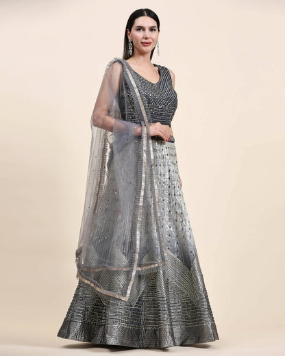 Grey Organza Mirror With Coding Work Lehenga Choli with Dupatta - Tanya - Distacart