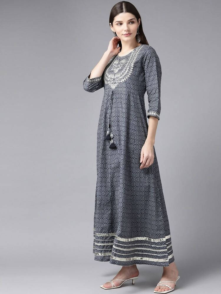 Yufta Women Grey Geometric Printed Mirror Work Kurta